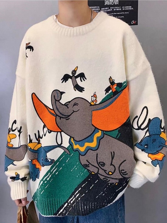 Cream Cartoon Elephant Oversized Sweater with Orange Accents - Picture 3 of 7